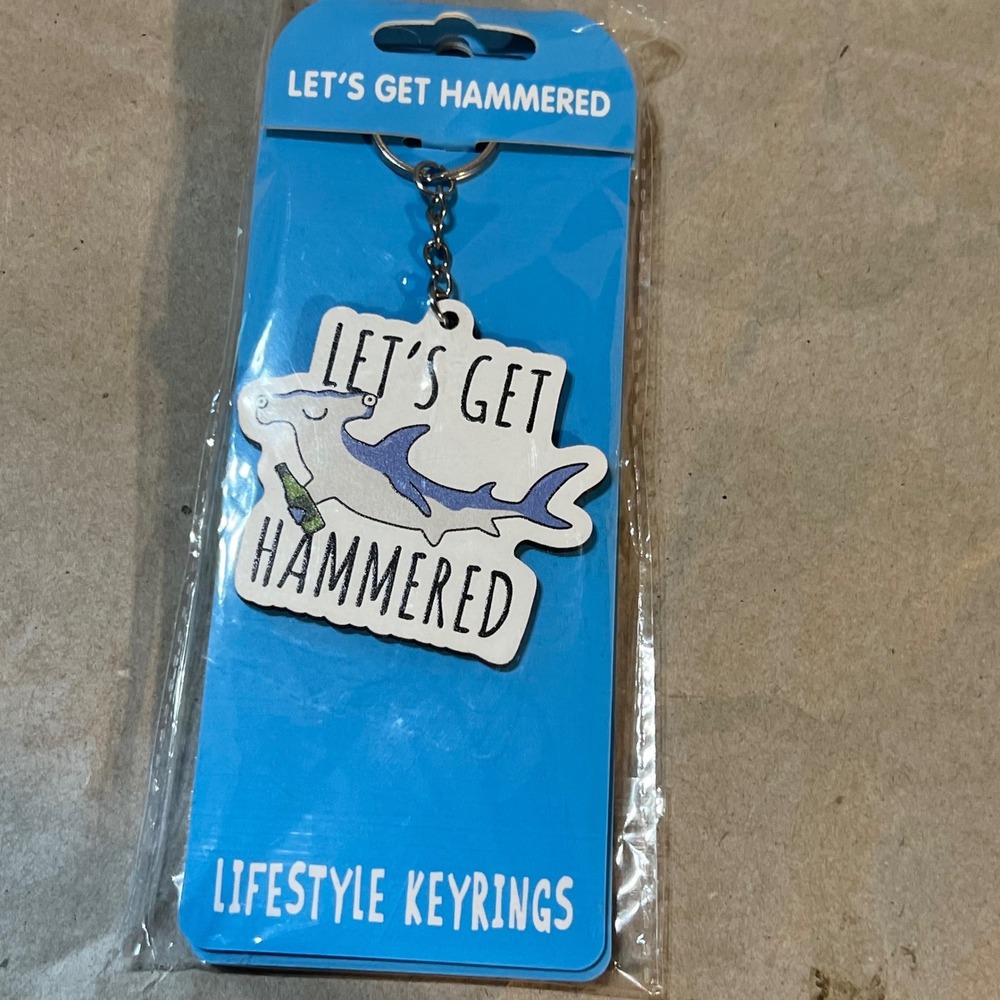 Lifestyle Keyrings Wood Keychain White Blue Let's Get Hammered Shark Pun Novelty